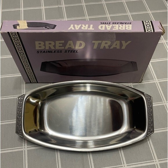 Vtg MCM 50s Bread Tray Tulip Pattern Handles Stainless Steel Serving Dish Tray - Picture 2 of 8